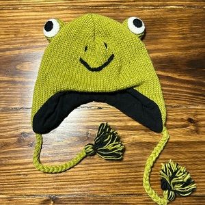 World Market crochet frog beanie with tassels